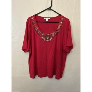 JM Collection 3X Red Scoop Neck Red Beaded Knit Top‎